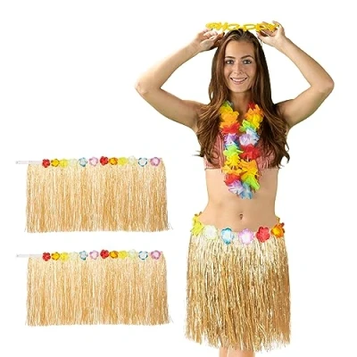 Afbeelding van Relaxdays Hawaii rok met bloemen set van 3 hula verkleedkledij franjes