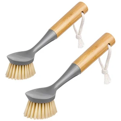 Afbeelding van MR.SIGA Geïntegreerde schraper met bamboe handvat, schuurborstel voor het reinigen van gerechten, potten, keukenspoelbakken, 2 stuks