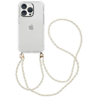 Afbeelding van iMoshion Hoesje Geschikt voor iPhone 15 Pro met koord Backcover + armband Parels transparant