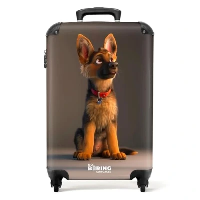 Afbeelding van NoBoringSuitcases.com® Handbagage koffer lichtgewicht Reiskoffer trolley Herdershond puppy met rode halsband Rolkoffer wieltjes Past binnen 55x40x20 en 55x35x25