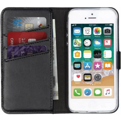 Afbeelding van Selencia Hoesje Geschikt voor iPhone SE (2016) / 5 5s Met Pasjeshouder Echt Lederen Bookcase Zwart