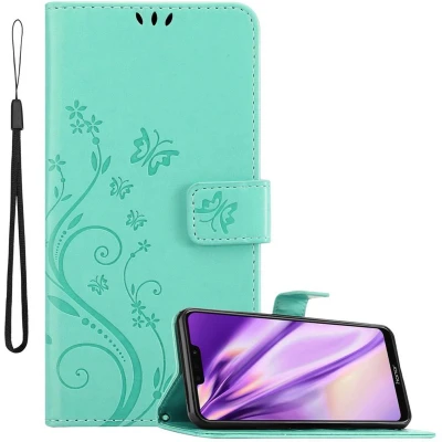 Afbeelding van Cadorabo Hoesje geschikt voor Honor 8C in BLOEMEN TURKOOIS Beschermhoes bloemmotief met magnetische sluiting, standfunctie en kaartsleuven Book Case Cover Etui