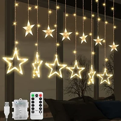 Afbeelding van Jsdoin Led lichtgordijn in de vorm van kerststerren, 12 sterren, 138 raamgordijnlampen met 8 knippermodi, decoratie voor bruiloft, feest, muur, woondecoratie,