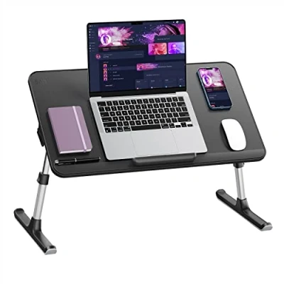 Afbeelding van Laptoptafel, dikke stabiele poten, in hoogte verstelbaar en de hoek verstelbaar, voldoende muisruimte, tot 17 inch laptop, voor thuiskantoor, ontbijt, leren (zwart, 60 x 33 cm)