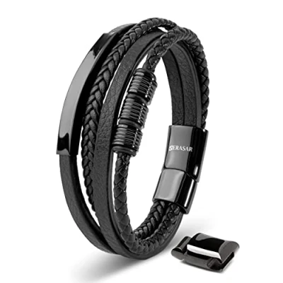 Afbeelding van SERASAR Armband Heren [Brave] Echte Leren Zwart 20cm Beste Cadeau voor Hem