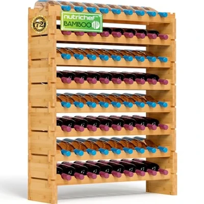 Afbeelding van SereneLife Vrijstaande bamboe wijnrek met 8 niveaus voor 72 flessen, houten opbergrekken, modulaire stapelbare wijnorganizer, displayrek thuis en keuken