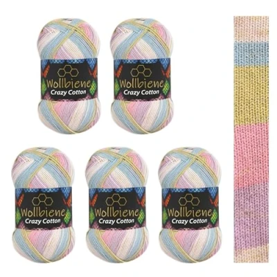 Afbeelding van Wollbiene Crazy Cotton Batik 5 x 100 g, 500 gram met kleurverloop, 55% katoen, meerkleurig, breiwol voor haken alle seizoenen (6060 lila roze groen)