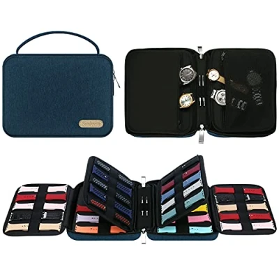 Afbeelding van Simboom Horlogebandje organizer, uitbreidbaar horlogebandje, opbergtas, houdt 40 riemen waterdicht nylon smartwatch bands tas reistas voor horlogebandjes, horloges, pennen, blauw