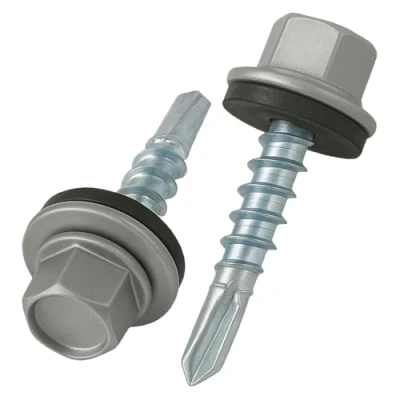Afbeelding van 8 mm x 35 dakschroeven, gekleurde zelfborende zeskantkop (RAL 9007 aluminiumgrijs) dakschroef met EPDM verzegelde sluitring, geharde grove schroefdraad, roestvrije verzinkte schroeven voor buiten