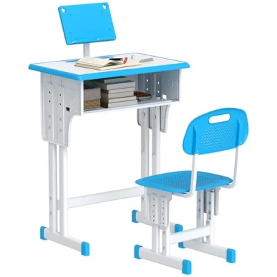 Afbeelding van HOMCOM Bureau en stoel voor kinderen met leesstandaard, kluisje, haak penhouder, in hoogte verstelbaar, 60 x 45 90 102 cm, blauw