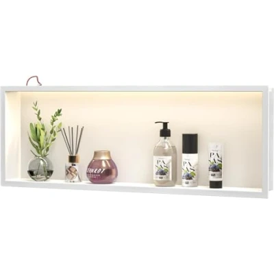 Afbeelding van Bernkot Douchecabine roestvrij staal 900 mm x 300 met waterdicht geleid licht, geen tegels nodig voor badkameropslag via montage, wit