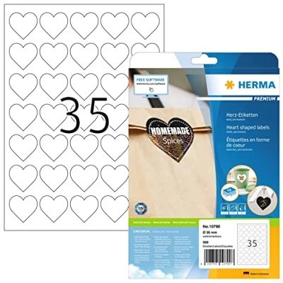 Afbeelding van HERMA 350 stuks zelfklevende etiketten in hartvorm, diameter 35 mm, per A4 vel, zelfklevend, bedrukbaar, mat, blank papier wit,