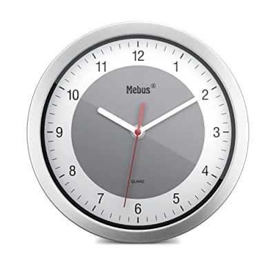 Afbeelding van Mebus quartz wandklok/kleine klok voor kleine ruimtes/zilveren frame/witte wijzerplaat/grijze accentcirkel/20 cm diameter/rond/Model: 16210 / Kleur: zilver, wit, grijs