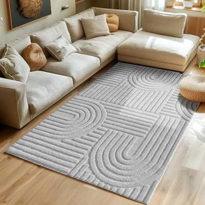 Afbeelding van Hoogpolig tapijt voor woonkamer, keukentapijt, in Scandinavische en boho stijl met 3D design, zacht pluizig. Afmetingen: 280 x 370 cm; kleur: zilver
