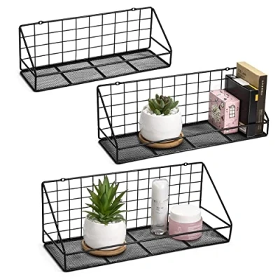 Afbeelding van QIWODE wandgemonteerde zwevende planken, set van 3, opbergrekken voor slaapkamer, woonkamer, badkamer, keuken, kantoor en meer, zwart verkoold