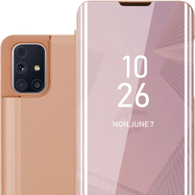 Afbeelding van Cadorabo Hoesje geschikt voor Samsung Galaxy M31s in KUNZIET ROZE Clear View Spiegel Beschermende Case met Tribunefunctie 360 Graden Bescherming Book Cover Etui