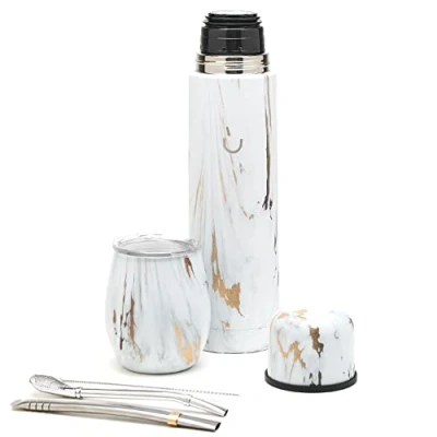 Afbeelding van Complete Yerba Mate set Moderne kalebas, thermoskan, bombilla en reinigingsborstel inbegrepen Allemaal premium kwaliteit 304 18/8 roestvrij staal (goudkleurig)