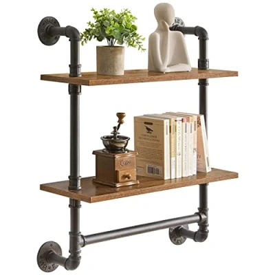Afbeelding van YMYNY 2 Tier Industriële pijp wandplanken, rustieke opbergplanken, zwevende planken, wand boekenplank, keuken kruidenrek, voor slaapkamer, keuken, woonkamer, badkamer