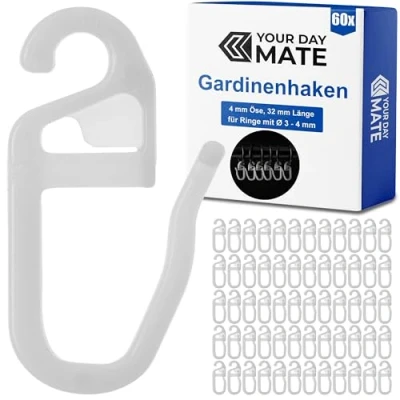 Afbeelding van 60 x gordijnhaken met ogen van 4 mm, bruikbaar voor gordijnringen tot Ø rails en gordijnroedes, accessoires gordijnen, klaphaken, gordijnhaken, wit