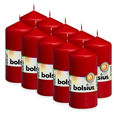 Afbeelding van Bolsius 10 stuks stompkaarsen, glad, rood, decoratief, brandduur 33 uur, ongeparfumeerd, natuurlijke plantaardige was, 12 x 6 cm