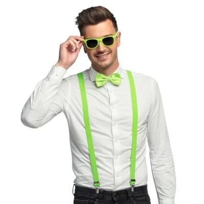 Image de Boland Costume Set 3 pièces, d&#039;accessoires avec bretelles, lunettes et noeud papillon, pour festival, JGA, carnaval fête à thème, Vert Fluo