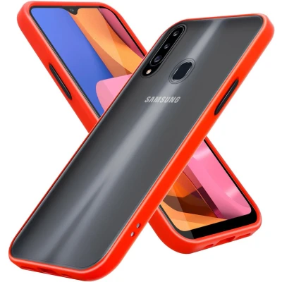 Afbeelding van Cadorabo Hoesje geschikt voor Samsung Galaxy A20s in Mat Rood Zwarte Knopen Hybride beschermhoes met TPU siliconen Case Cover binnenkant en matte plastic achterkant