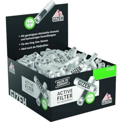 Afbeelding van Gizeh 20703 Active Filter 8 mm actieve koolfilter met keramische doppen, 1 doos 200 filters, grijpdoos, papier