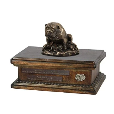 Afbeelding van Persoonlijke houten urn hond voor bulldog as met beeldje