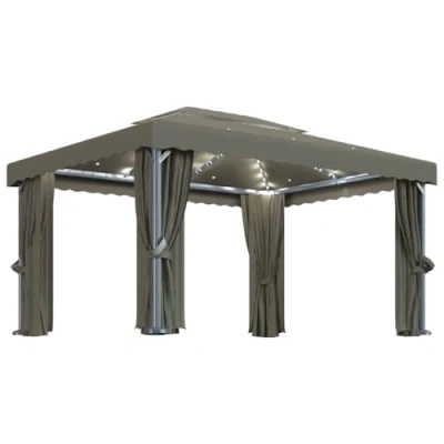 Afbeelding van vidaXL Prieel met gordijn en LED lichtslinger 4x3 m taupe