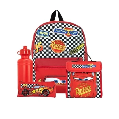 Afbeelding van Disney Cars 4 delige rugzakset, Lightning McQueen rugzak, etui waterfles en lunchtas, kinderrugzakken voor school avonturen, officiële autoartikelen, Rood, Rugzak