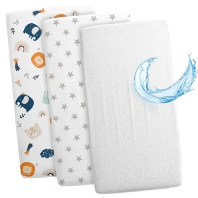 Afbeelding van Hoeslaken voor kinderwagen, babywieg, 2 x waterdichte matrashoes en matrasbeschermer, logeerbed, 90 55 cm, witte sterren