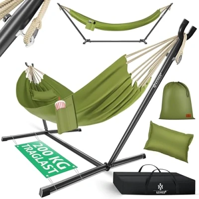 Afbeelding van KESSER® hangmat Lake met standaard, dubbele voor 2 personen, belastbaar tot 200 kg, binnen en buiten, XXL hangstoel, tuin, zwembad, balkon, terras, inclusief kussen, tas