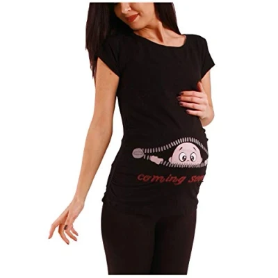 Afbeelding van Coming Soon zwangerschapsshirt met korte mouwen en grappig schattig patroon, zwart.