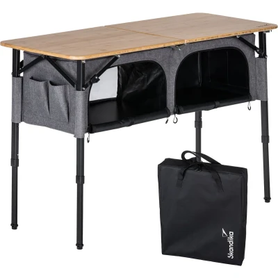 Afbeelding van Skandika campingtafel met kast Tolja bamboe klaptafel voor buiten opbergruimte, in hoogte verstelbaar, opvouwbaar, campingkast planken, draagtas kampeermeubels, tuin, balkon