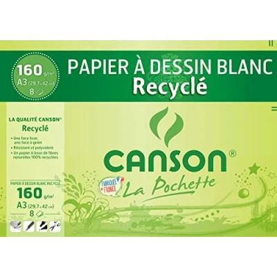 Image de Pochette Canson Blanc Recyclé à Grain 160g/m² 8 feuilles A3