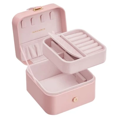 Afbeelding van SONGMICS JBC185R02 Kleine draagbare reisjuwelendoos met 2 niveaus voor de grootste accessoires, 11,2 x 11,8 7,2 cm, cadeau idee, pastelroze