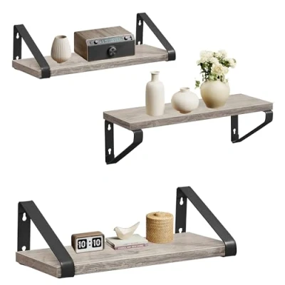 Afbeelding van Vasagle LWS033B02 Wandrek, zwevend rek, industriële stijl, 3 lagen, stabiele muurbevestiging, voor woonkamer, badkamer, keuken, grijs en zwart
