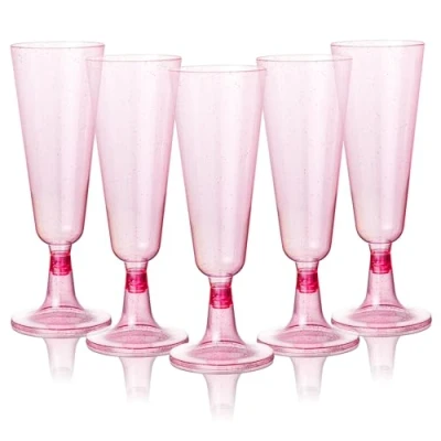 Afbeelding van MATANA 50 Herbruikbare Plastic Champagneglazen 150ml met Roze Glitter