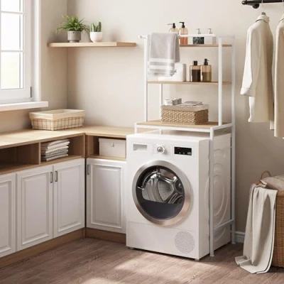 Afbeelding van EUGAD Wasmachinerek, wc rek voor boven de wasmachine, toiletkast, 3 planken, handdoekhouder, hout afgeleid metaal, 67 x 162 40 cm, wit