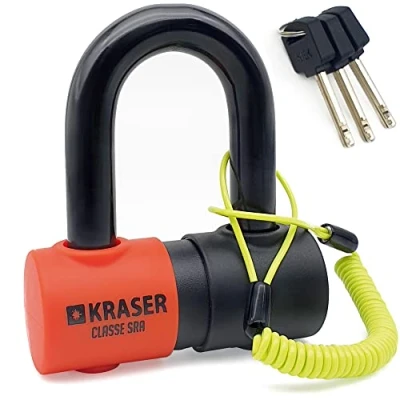 Afbeelding van KRASER KR50 Schijfvergrendeling Motorfiets Scooter Gehomologeerd SRA Hangslot, Schijfhangslot Solide Mini U Disk Anti diefstal Ø18 + Herinneringskabel, 3 Sleutels