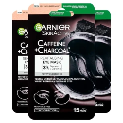 Afbeelding van Garnier SkinActive Caffeine Charcoal Revitaliserend oogmasker voor alle huidtypes van biologisch afbreekbare stof 3 toepassingen