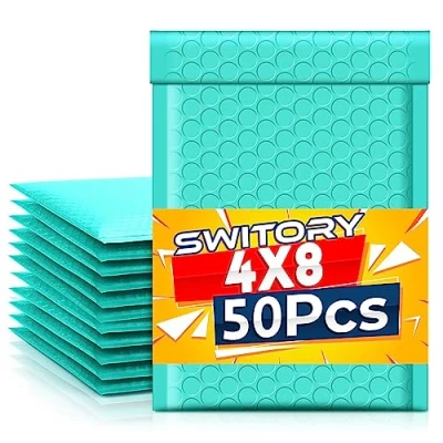 Afbeelding van Switory Enveloppen van polyethyleen, zelfklevend, gevoerd, 10,2 x 17,8 cm, 50 stuks, groenblauw