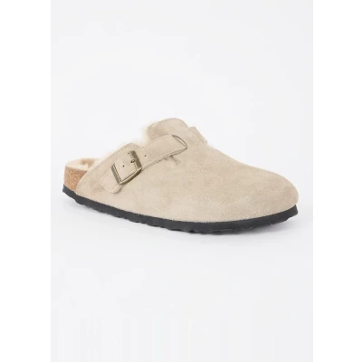 Afbeelding van Birkenstock dames Boston clog van suède met lamswol in de kleur Taupe, maat: 36