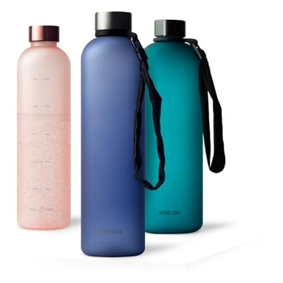 Afbeelding van MAMEIDO Waterfles 1l &amp; 1,5l Saffierblauw Plastic Design met Motivatie Tijd Markering, BPA vrij Waterdichte Sportfles voor Gymnastiek