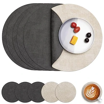 Afbeelding van Myir JUN Placemats van leer en onderzetters, set 6, ronde placemats, antislip, dubbelzijdig, wasbaar, hittebestendig, (crèmegrijs, 6)