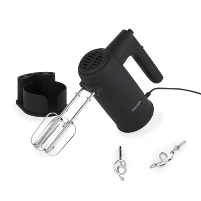 Afbeelding van Petra PT5613BMBLKVDE Handmixer Elektrische keukenmixer voor kneden/kloppen, garde/deeghaak inbegrepen, mixer met 5 snelheden, opbergbasis, handmixer, 300 W, zwart