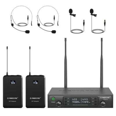 Afbeelding van Phenyx Pro UHF dubbel draadloos microfoonsysteem, automatische scan draadloze microfoonset met 2 x 100 frequenties, body packs en reverse headsets/microfoons om te spreken, zingen,