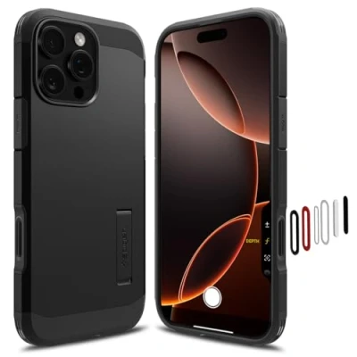 Image de Spigen Tough Armor T AI MagFit + Camera Control Coque de protection pour téléphone portable compatibilité avec MagSafe polycarbonate, polyuréthanne thermoplastique (TPU), mousse à impact noir Apple iPhone 16 Pro