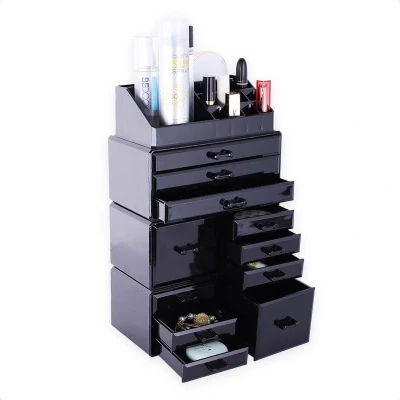 Afbeelding van Confibel XXL Acryl Make up Cosmetica Organizer Verstelbare Lades Sieraden/Make up/Cosmetica 11 compartimenten Zwart