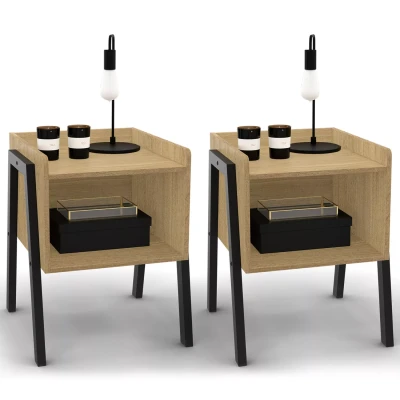 Image de Lot de 2 tables chevet DALAT 1 niche bois et pieds métal noir design industriel